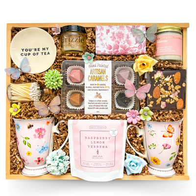 Garden Tea Party tea gift box with floral mugs, candle and artisan treats by Black Bow Gift Co.
