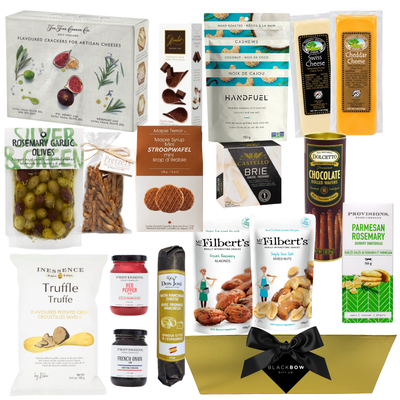 A savoury gift basket filled with premium nuts, gourmet crackers, savoury spreads, and charcuterie accompaniments, offering a mix of sweet and salty snacks for sharing among 2–8 people.