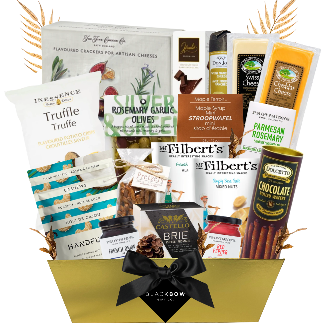 A savoury gift basket filled with premium nuts, gourmet crackers, savoury spreads, and charcuterie accompaniments, offering a mix of sweet and salty snacks for sharing among 2–8 people.