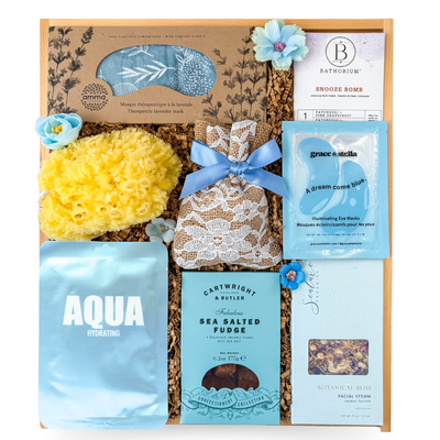 Gentle Calm spa gift box in a keepsake wood box with relaxation and self care items by Black Bow Gift Co.