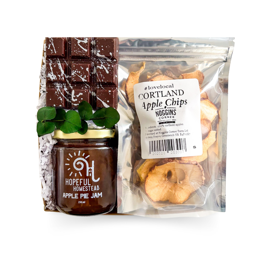 Affordable Nova Scotia Treat Gift Box, Budget-Friendly Local Canadian Gourmet Gifts, Small Batch Gift Ideas, Apple-Inspired Gift Boxes, Value-Packed Farmhouse Style Gift Sets, Autumn Gift Ideas Canada, Handmade Canadian Snacks, Artisan Chocolate Gifts Canada, Gifts With Local Jam, East Coast Gourmet Boxes, Locally Made Gifts Nova Scotia, Thoughtful Foodie Gifts, Unique Sweet Treat Boxes, Canadian Comfort Gifts, Gifts Budget-Friendly For Fall Birthdays, Affordable Gifts With Apple Chips, Sea-To-Table Inspire
