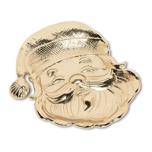 Decorative gold aluminum tray featuring a cheerful sculpted Santa face, ideal for serving Christmas treats, candies and appetizers.