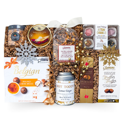 Golden Frost luxury winter gift box in gold and silver tones with premium gourmet snacks and metallic snowflake accents by Black Bow Gift Co.