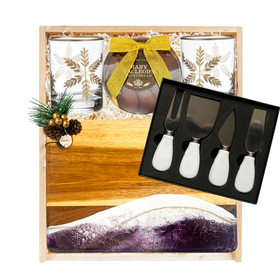 Golden Gathering gourmet gift box with snowflake tumblers, acacia board, and festive treats — by Black Bow Gift Co.