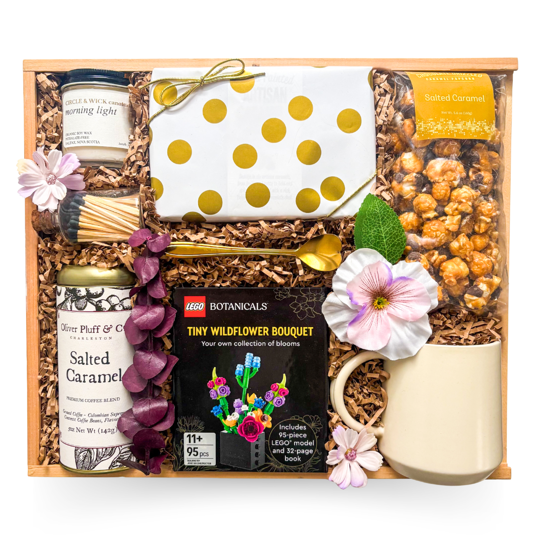 Luxury wooden keepsake thank you gift box featuring premium coffee, artisan popcorn, keepsake mug, soy candle, greeting card, gold spoon, and a choice of LEGO® Botanicals Tiny Wildflower Bouquet, puzzle, or succulent.

