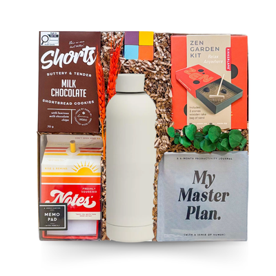 Great Things Ahead new employee welcome gift box with journal, insulated bottle, Zen garden kit, memo pad, chocolate cookies, and desk accessories.