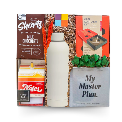 Great Things Ahead new employee welcome gift box with journal, insulated bottle, Zen garden kit, memo pad, chocolate cookies, and desk accessories.