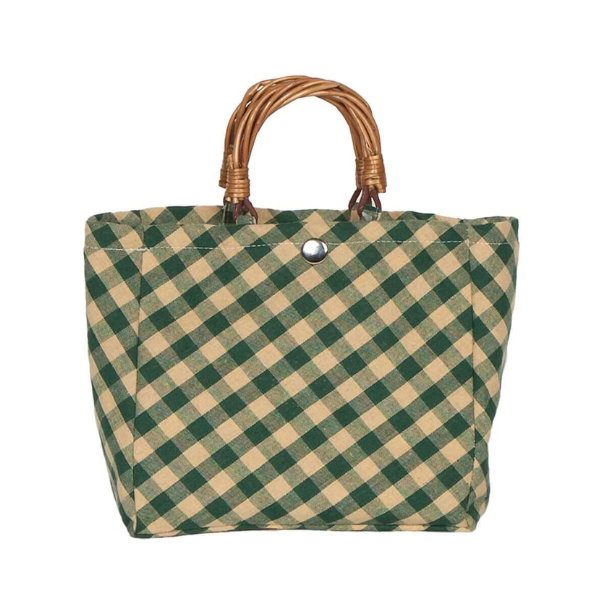 Green Plaid Fabric Tote with Willow Handles
