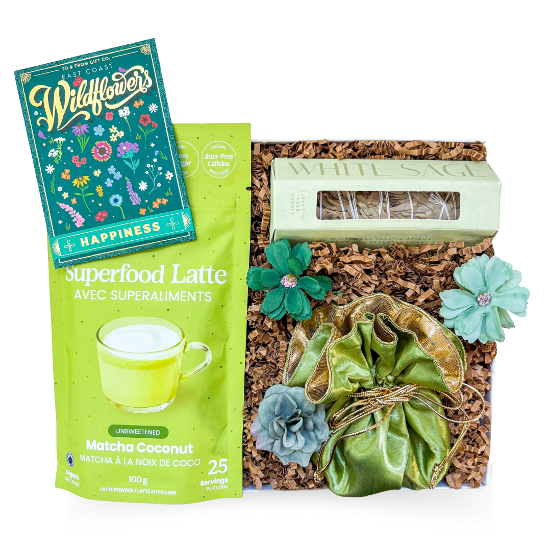 Green-themed wellness gift with soothing, feminine accents and calming details.

