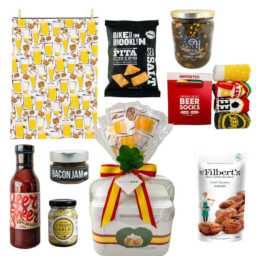 BBQ cooler gift featuring gourmet snacks, beer-themed tea towel, barbecue sauce, savory treats, and reusable cooler presentation by Black Bow Gift Co.

