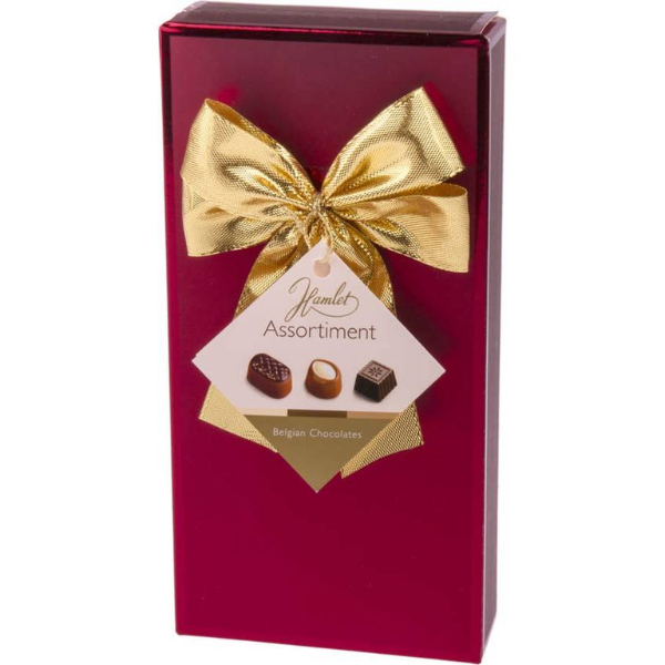 Hamlet Assorted Belgian Chocolates in an elegant burgundy gift box with a gold bow, featuring an assortment of Belgian chocolate pieces.