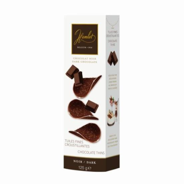 Hamlet Belgian dark chocolate thins in a resealable 100 g presentation box, featuring 30 smooth chocolate pieces.