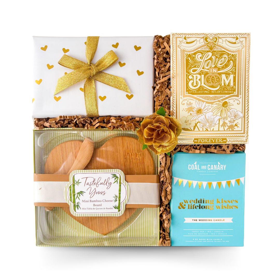 Happily Ever After wedding gift box with candle, heart snack board and treats by Black Bow Gift Co.
