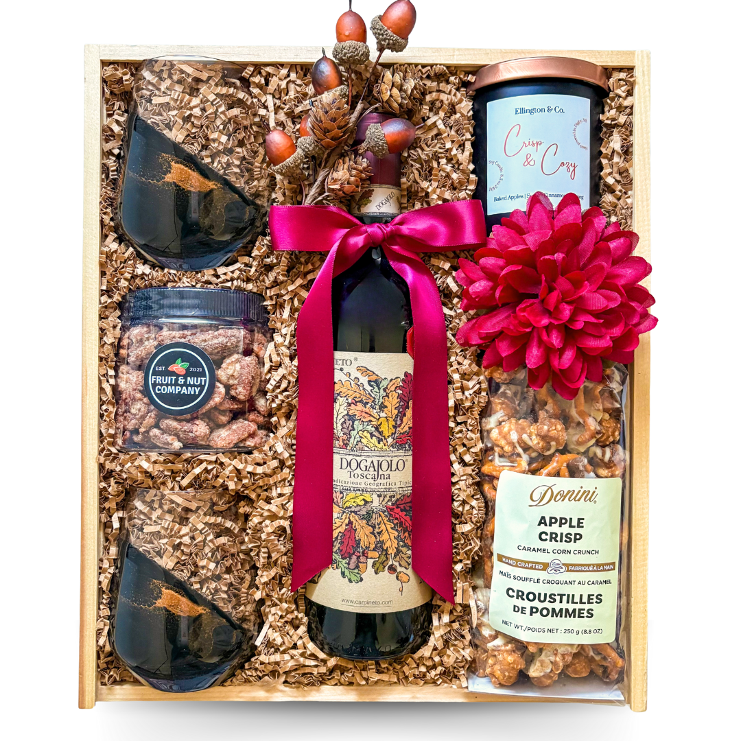 Harvest Luxe premium fall gift box in a keepsake wood box with burgundy ribbon accents and autumn-inspired details.