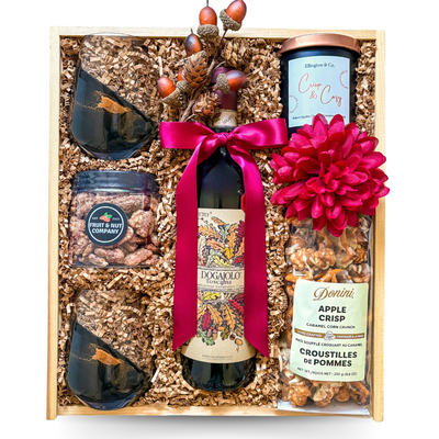Harvest Luxe premium fall gift box in a keepsake wood box with burgundy ribbon accents and autumn-inspired details.