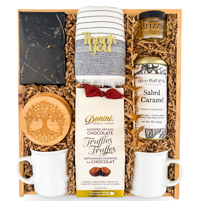 Luxury wooden keepsake gift box featuring a striped Turkish towel, artisan chocolates, premium coffee, honey, white mugs, engraved wood coaster, and thoughtful comforts designed to express gratitude and appreciation.