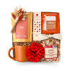 Hello, Autumn fall gift with chai tea, orange mug, maple pecan crunch, pumpkin spice hand sanitizer, room spray and dried florals.