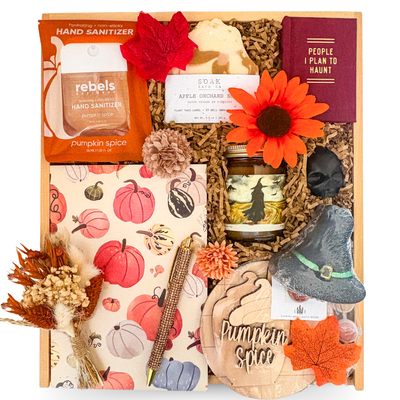Hello, Pumpkin fall gift with Halloween LEGO mystery figure, pumpkin craft, chocolate-filled pumpkin, journal, candle and seasonal self-care treats.