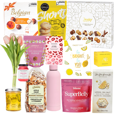 Hello Sunshine gift basket with treats, self care items and cheerful accents by Black Bow Gift Co.