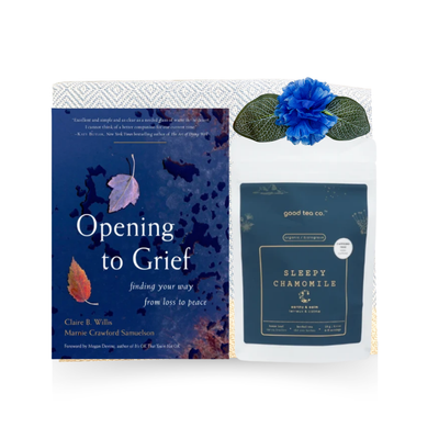 Here for You sympathy gift with Turkish towel, chamomile tea, chocolates and a supportive book about navigating grief and loss.