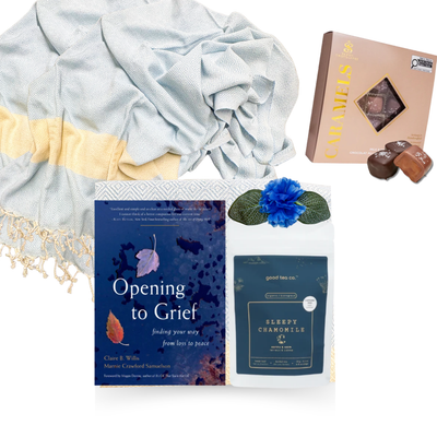Here for You sympathy gift with Turkish towel, chamomile tea, chocolates and a supportive book about navigating grief and loss.