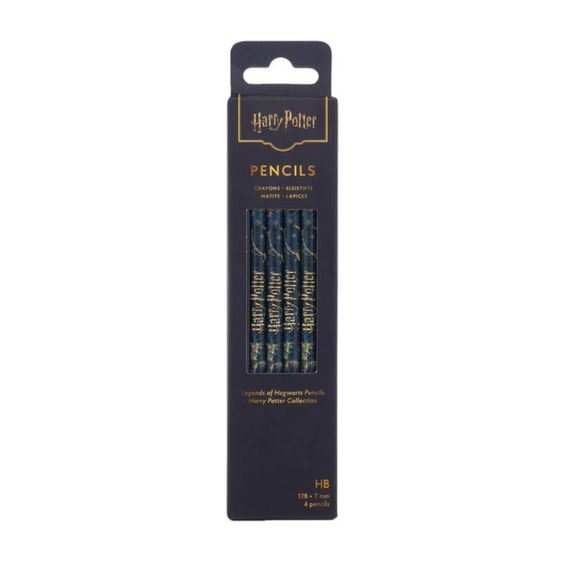 Set of four blue Hogwarts-inspired pencils with wraparound artwork, black-coloured wood, gold foil detailing, and glossy finish.
