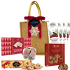 Holiday Delight burlap jute tote with chocolates, shortbread, peppermint bark, and hot chocolate for individuals, couples, families or small groups.
