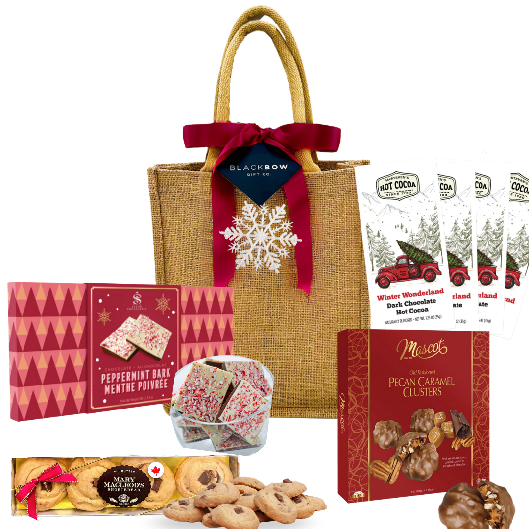 Holiday Delight burlap jute tote with chocolates, shortbread, peppermint bark, and hot chocolate for individuals, couples, families or small groups. 