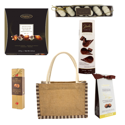 Holiday Delight Christmas chocolate gift basket with assorted chocolates and truffles in festive holiday presentation.