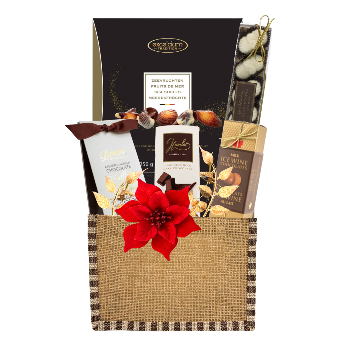Holiday Delight Christmas chocolate gift basket with assorted chocolates and truffles in festive holiday presentation.