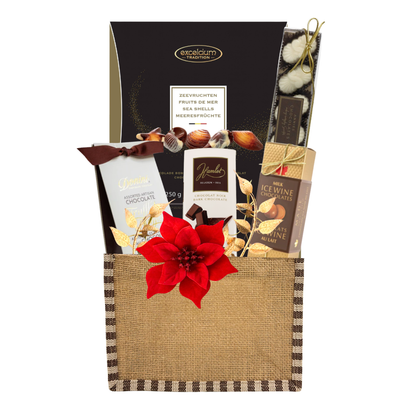 Holiday Delight Christmas chocolate gift basket with assorted chocolates and truffles in festive holiday presentation.