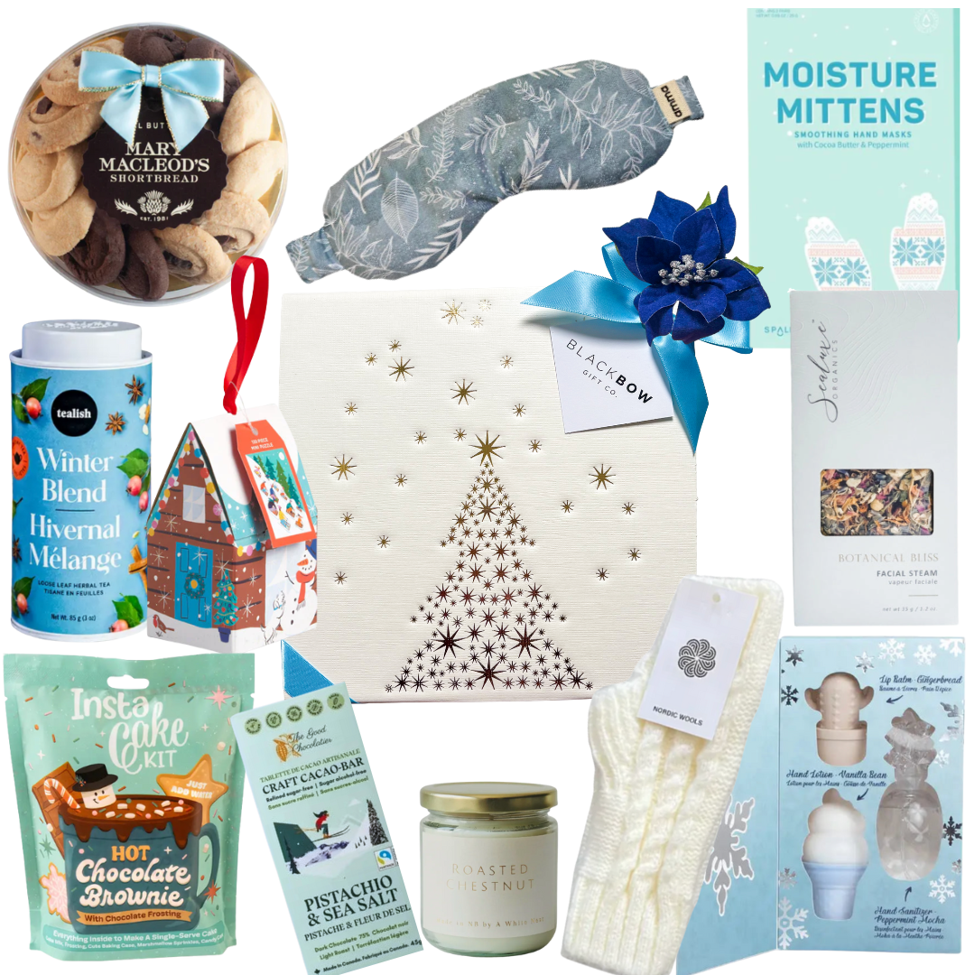 Holiday Essentials Box with cozy gloves, self-care items, roasted chestnut candle, festive treats, and a wrapped ornament in a gold-foil holiday box

