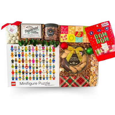 Festive holiday gift box with gourmet treats and fun activities by Black Bow Gift Co.