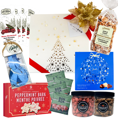 Holiday Indulgence gourmet holiday gift box with gold tree packaging and festive chocolates for small to medium groups
