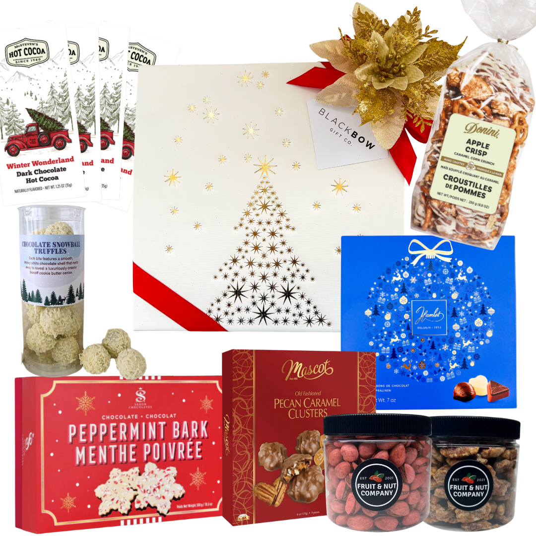 Holiday Indulgence gourmet holiday gift box with gold tree packaging and festive chocolates for small to medium groups