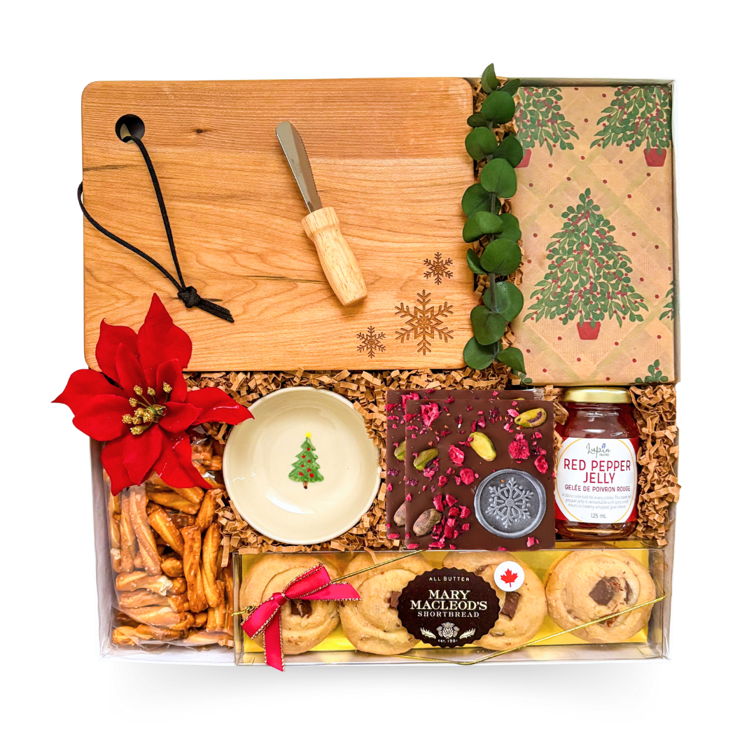 Holiday Nibble Box large window box with burgundy ribbon, charcuterie-inspired treats, and festive serving pieces for sharing