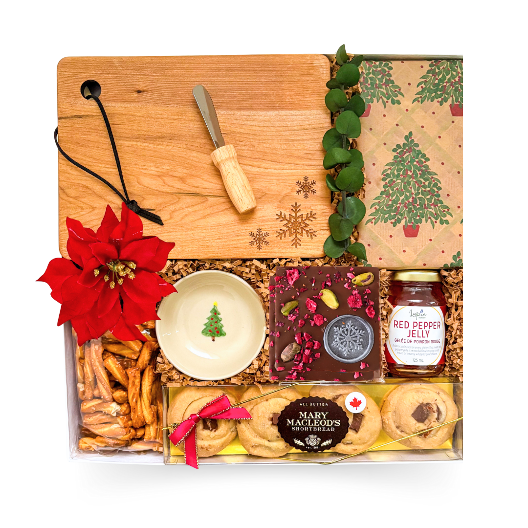 Holiday Nibble Box large window box with burgundy ribbon, charcuterie-inspired treats, and festive serving pieces for sharing