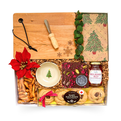 Holiday Nibble Box large window box with burgundy ribbon, charcuterie-inspired treats, and festive serving pieces for sharing