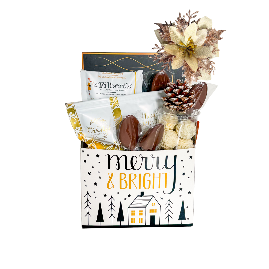 Holiday Snack Basket featuring assorted sweet and savoury treats in a festive Merry & Bright container with decorative Christmas accents.