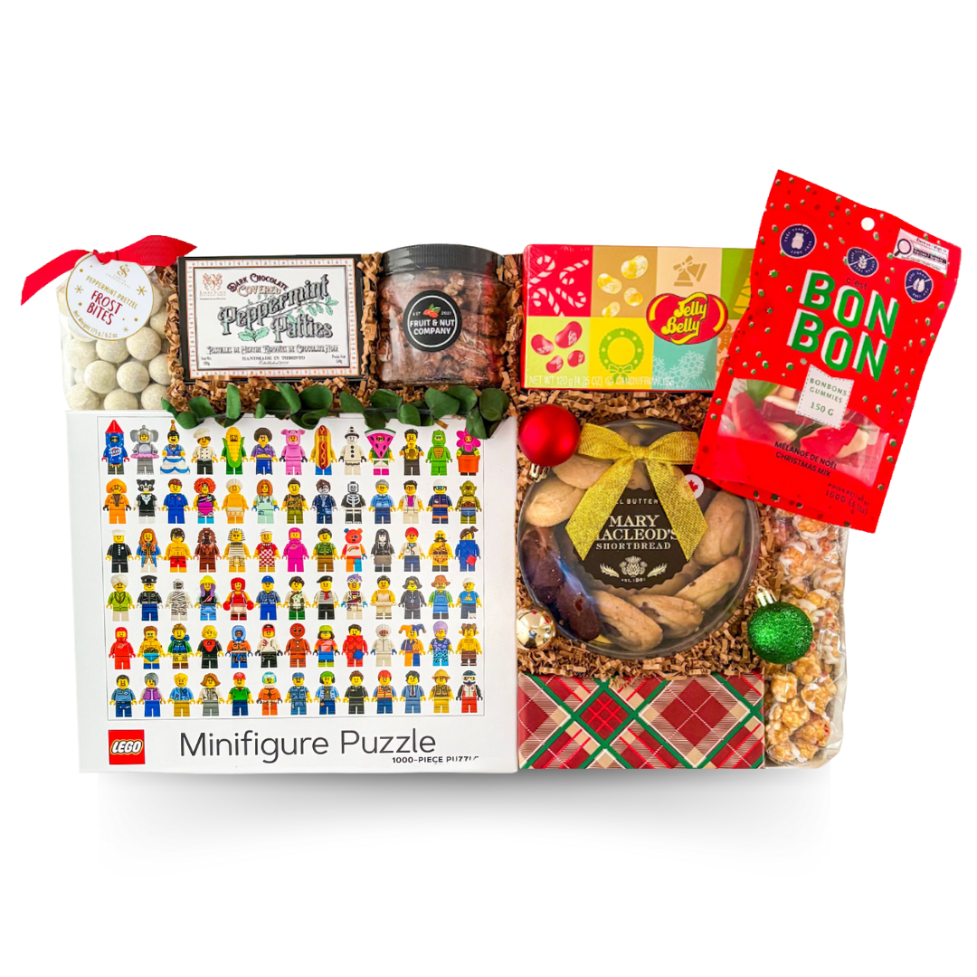 Festive holiday gift box with gourmet treats and fun activities by Black Bow Gift Co.