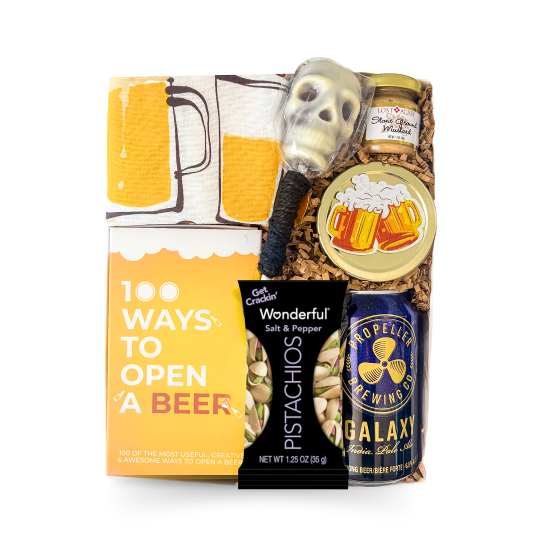 Hoppy Hour beer and snack gift box featuring craft beer, pretzels, bacon jam, mustard, gourmet snacks, and playful beer-inspired accessories curated by Black Bow Gift Co.
