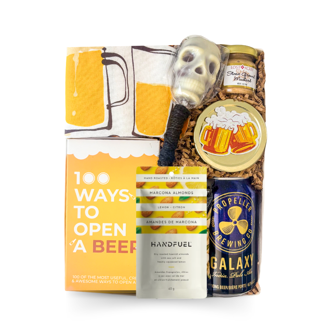Hoppy Hour beer and snack gift box featuring craft beer, pretzels, bacon jam, mustard, gourmet snacks, and playful beer-inspired accessories curated by Black Bow Gift Co.
