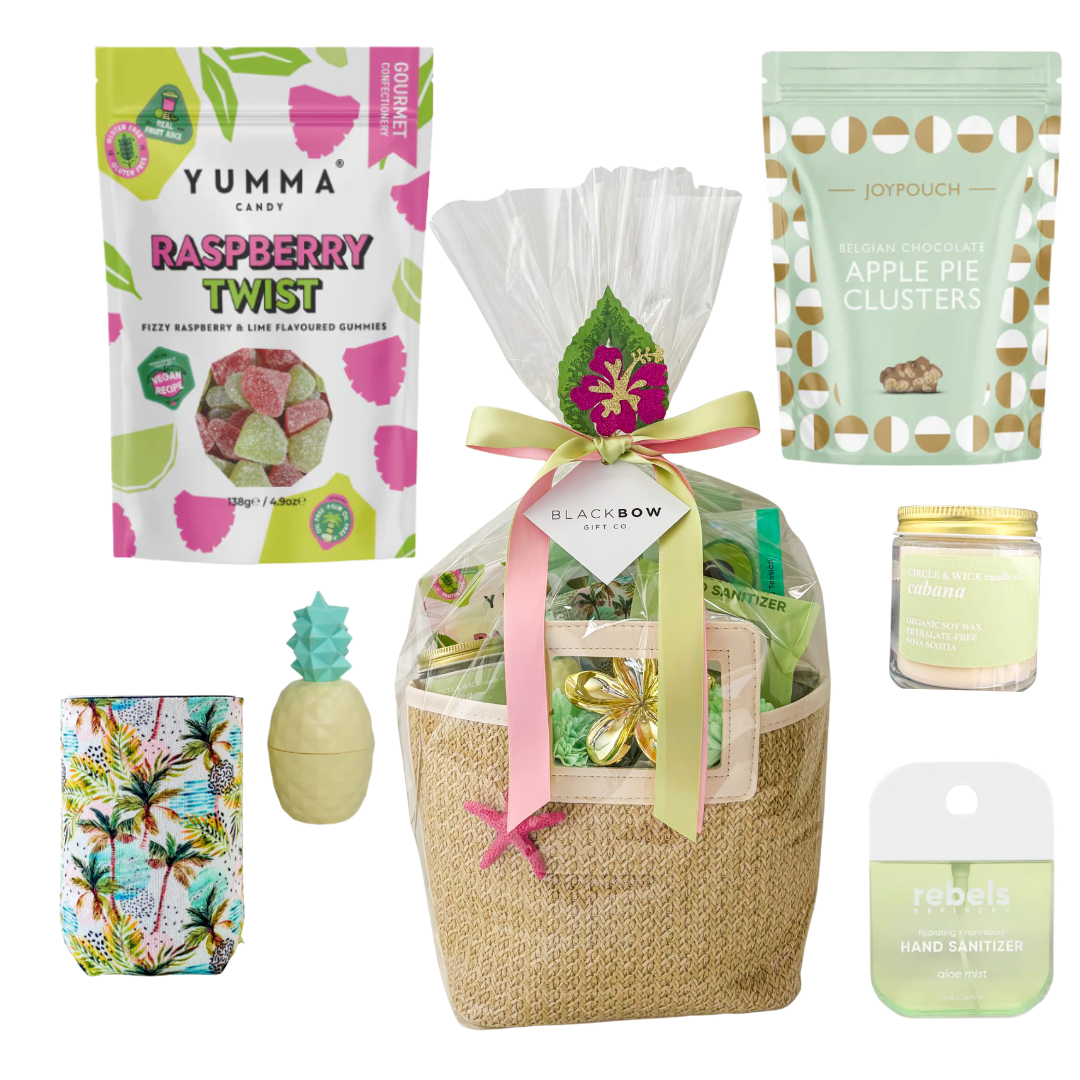 Island Time tropical gift featuring a reusable straw purse filled with vacation-inspired self-care treats, sweet snacks, and cheerful relaxation essentials. Beautifully arranged with bright tropical accents, ribbon, and seasonal details, creating a fun and thoughtful gift perfect for birthdays, thank-you gifts, self-care, and summer celebrations.