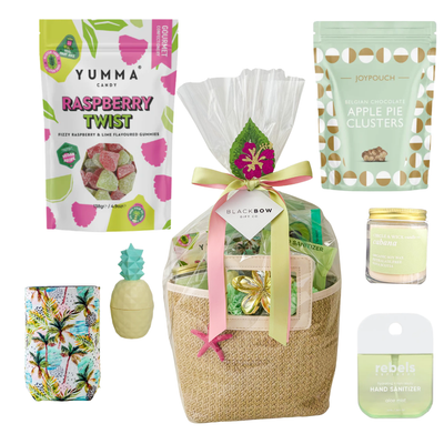 Island Time tropical gift featuring a reusable straw purse filled with vacation-inspired self-care treats, sweet snacks, and cheerful relaxation essentials. Beautifully arranged with bright tropical accents, ribbon, and seasonal details, creating a fun and thoughtful gift perfect for birthdays, thank-you gifts, self-care, and summer celebrations.