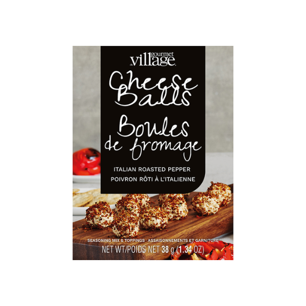 Roasted red pepper cheeseball mix with sweet pepper garnish for an easy gourmet appetizer and gift box addition.
