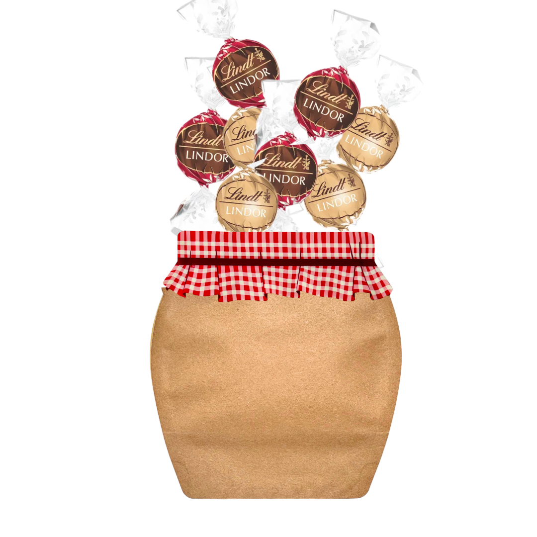 Jam Jar-shaped chocolate pouch filled with Red and gold Lindt Lindor chocolates.