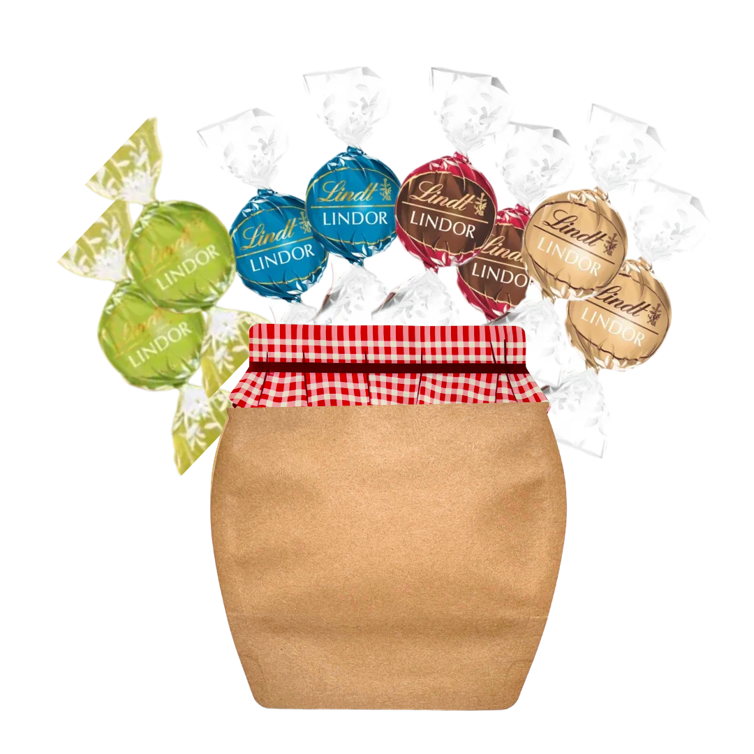 Lindt LINDOR chocolate truffles in a decorative Jam Jar-shaped pouch, featuring Double Chocolate, Fudge Swirl, Caramel Sea Salt, and Pistachio flavours in colourful foil wrappers, perfect for luxury gift boxes and gourmet hampers.