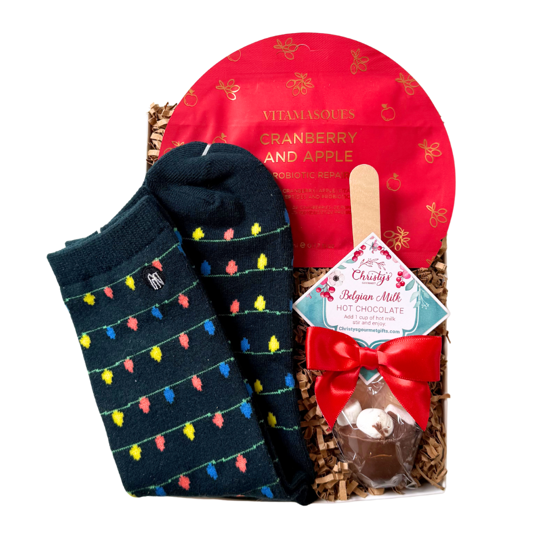 Holiday Gifts Canada, Cozy Christmas Gift Sets, Christmas Gift Box With Socks, Holiday Self-Care Gifts, Chocolate Spoon Gift Box, Relaxing Holiday Gifts, Festive Spa Gifts, Unique Christmas Gift Sets, Winter Wellness Gifts, Canadian Holiday Treat Boxes, Christmas Socks Gifts, Holiday Glow Gifts, Stocking Stuffer Sets, Gifts With Face Masks And Chocolate, Christmas Lights Socks Gift, Feel-Good Holiday Gifts, Cheerful Gift Sets For Friends, Hot Chocolate Gift Sets, Relaxation Gifts For The Holidays