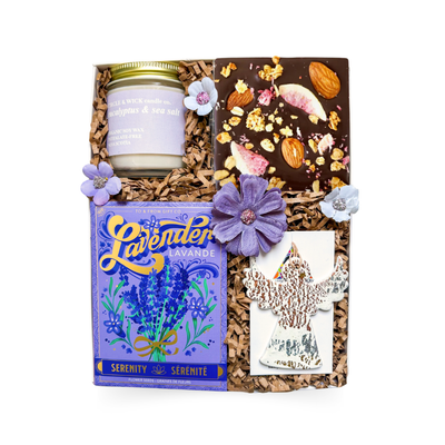 Luxury comfort gift box with artisan chocolate, soy candle, angel ornament, and choice of healing coneflower or lavender seeds.