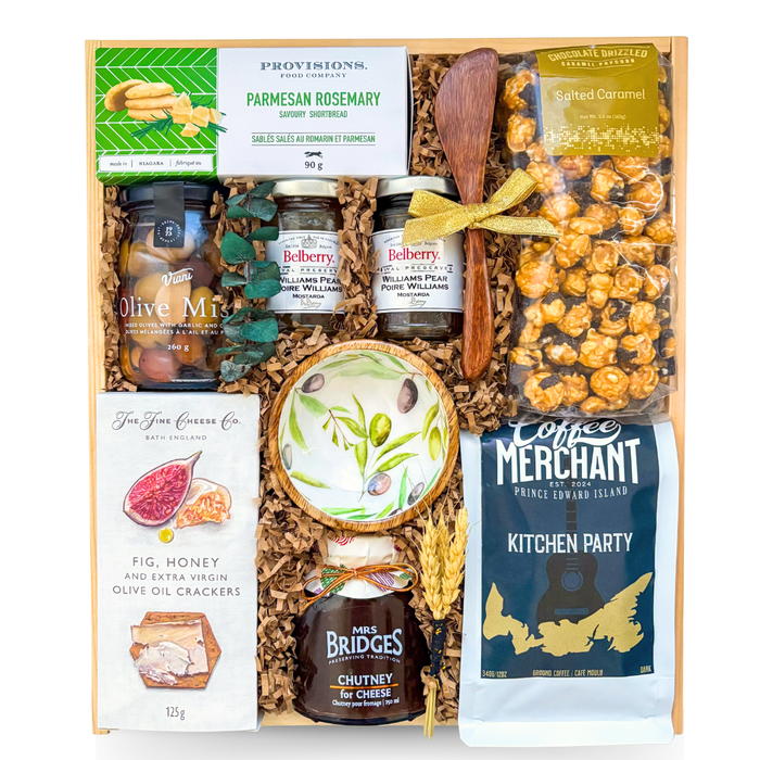 Kitchen Party gourmet gift box featuring artisan crackers, olives, gourmet accompaniments, coffee and serving accessories in a wooden keepsake box.